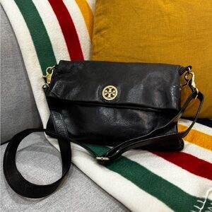 Tory Burch Dena Fold-Over Black Distressed Leather Crossbody